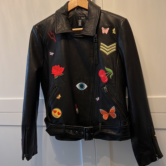 Glee Aqua Black leather emoji motor jacket Sz L - Picture 3 of 8